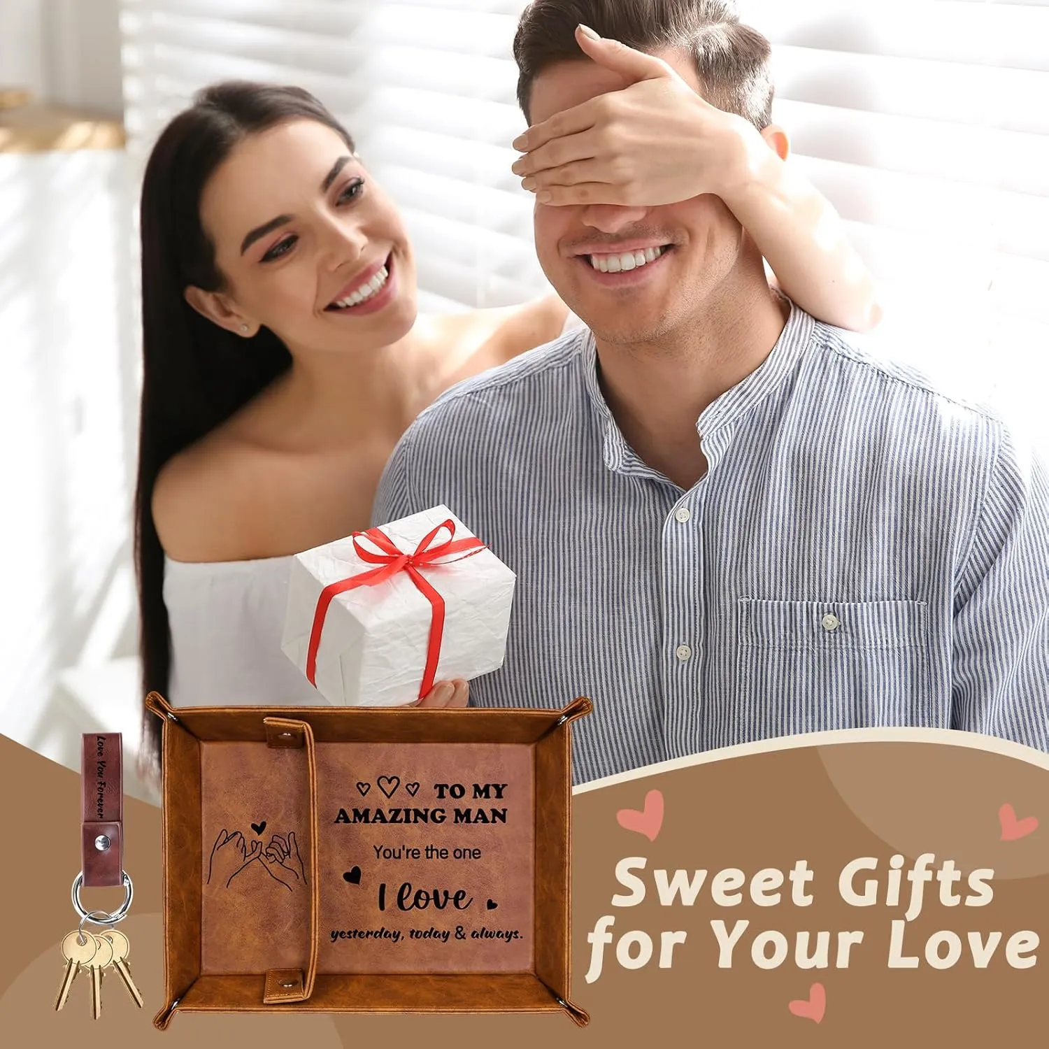 Gifts for Him, PU Leather Valet Tray and Keychain, Husband Birthday Gift Ideas, Unique Cool Husband Him Gifts for Anniversary, Best Husband Ever Gifts for Men Boyfriend