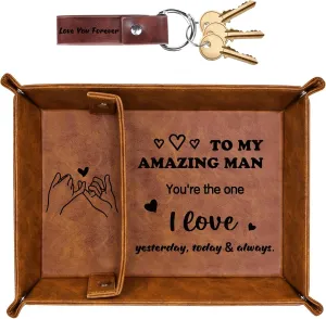Gifts for Him, PU Leather Valet Tray and Keychain, Husband Birthday Gift Ideas, Unique Cool Husband Him Gifts for Anniversary, Best Husband Ever Gifts for Men Boyfriend