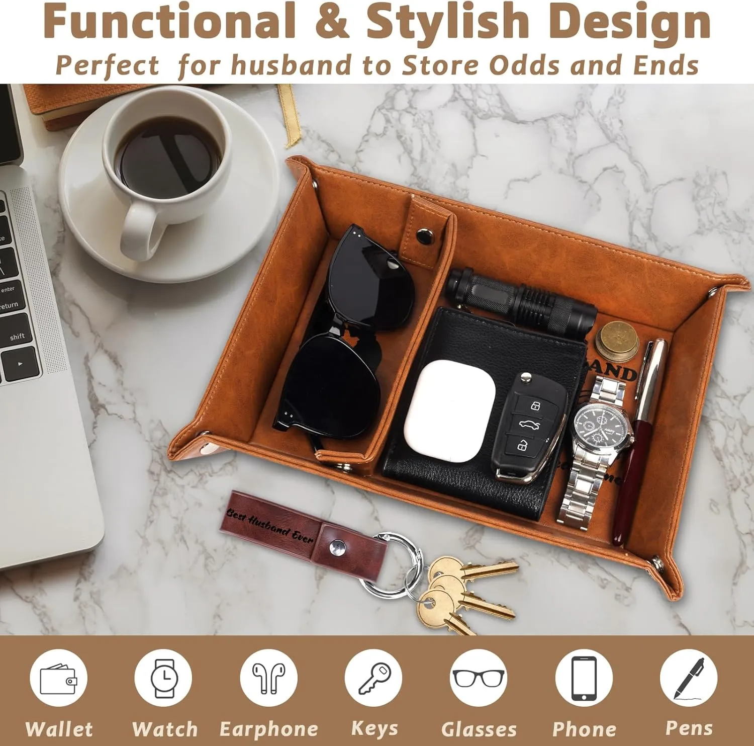 Gifts for Husband Him Christmas Xmas from Wife, Best Husband Ever PU Leather Valet Tray and Keychain, Husband Birthday Gift Ideas, Unique Cool Husband Presents Anniversary Valentines Day