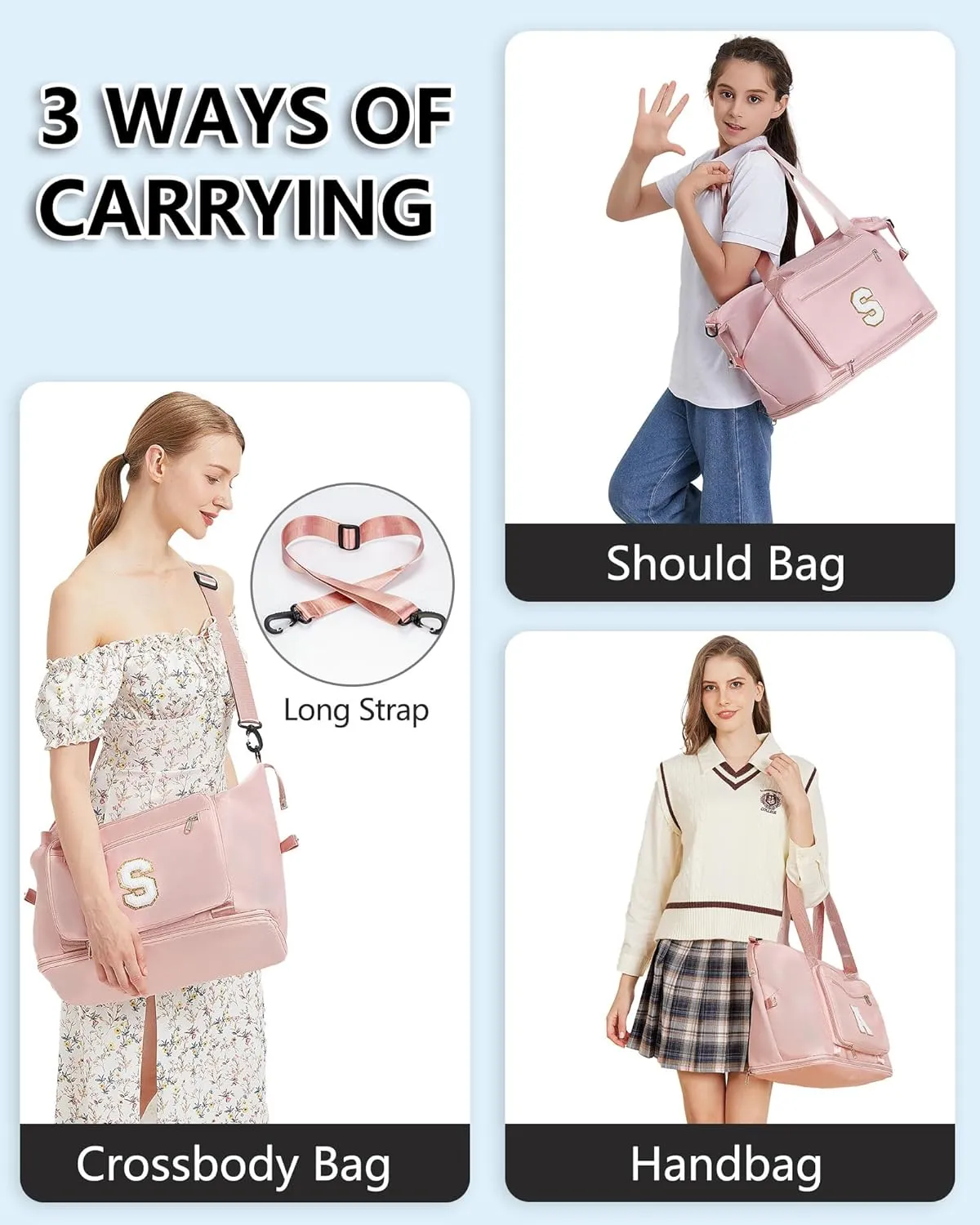 Gifts for Women & Girls-Initial Duffle Bag for Travel, Carry on Bag Duffel Bags, GYM Weekend Overnight Bag with Shoes Compartment,Hospital Bags -Pink B