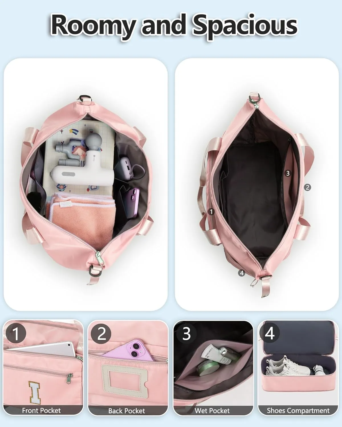Gifts for Women & Girls-Initial Duffle Bag for Travel, Carry on Bag Duffel Bags, GYM Weekend Overnight Bag with Shoes Compartment,Hospital Bags -Pink H