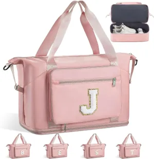 Gifts for Women & Girls-Initial Duffle Bag for Travel, Carry on Bag Duffel Bags, GYM Weekend Overnight Bag with Shoes Compartment,Hospital Bags -Pink J