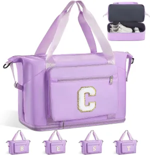 Gifts for Women & Girls-Initial Duffle Bag for Travel, Carry on Bag Duffel Bags, GYM Weekend Overnight Bag with Shoes Compartment,Hospital Bags -Purple C