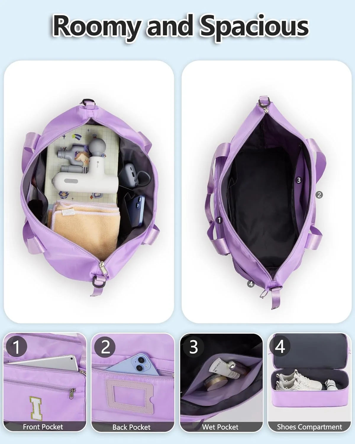 Gifts for Women & Girls-Initial Duffle Bag for Travel, Carry on Bag Duffel Bags, GYM Weekend Overnight Bag with Shoes Compartment,Hospital Bags -Purple C