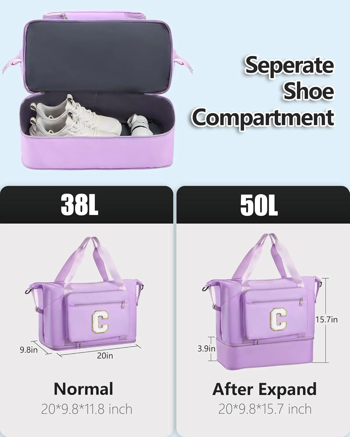 Gifts for Women & Girls-Initial Duffle Bag for Travel, Carry on Bag Duffel Bags, GYM Weekend Overnight Bag with Shoes Compartment,Hospital Bags -Purple C