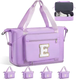Gifts for Women & Girls-Initial Duffle Bag for Travel, Carry on Bag Duffel Bags, GYM Weekend Overnight Bag with Shoes Compartment,Hospital Bags -Purple E