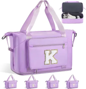 Gifts for Women & Girls-Initial Duffle Bag for Travel, Carry on Bag Duffel Bags, GYM Weekend Overnight Bag with Shoes Compartment,Hospital Bags -Purple K