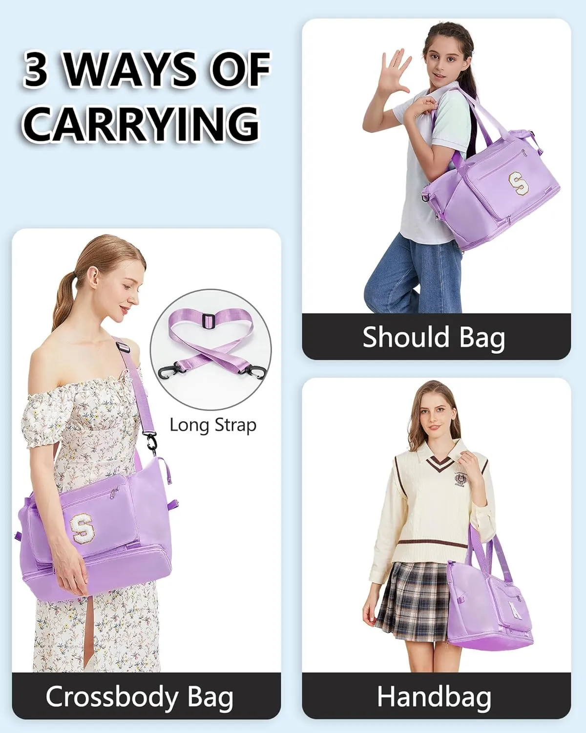 Gifts for Women & Girls-Initial Duffle Bag for Travel, Carry on Bag Duffel Bags, GYM Weekend Overnight Bag with Shoes Compartment,Hospital Bags -Purple M