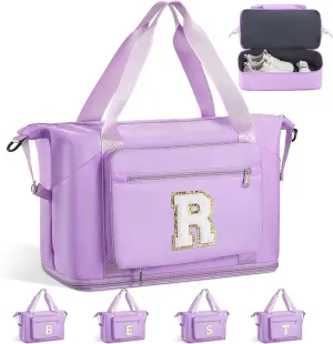Gifts for Women & Girls-Initial Duffle Bag for Travel, Carry on Bag Duffel Bags, GYM Weekend Overnight Bag with Shoes Compartment,Hospital Bags -Purple R