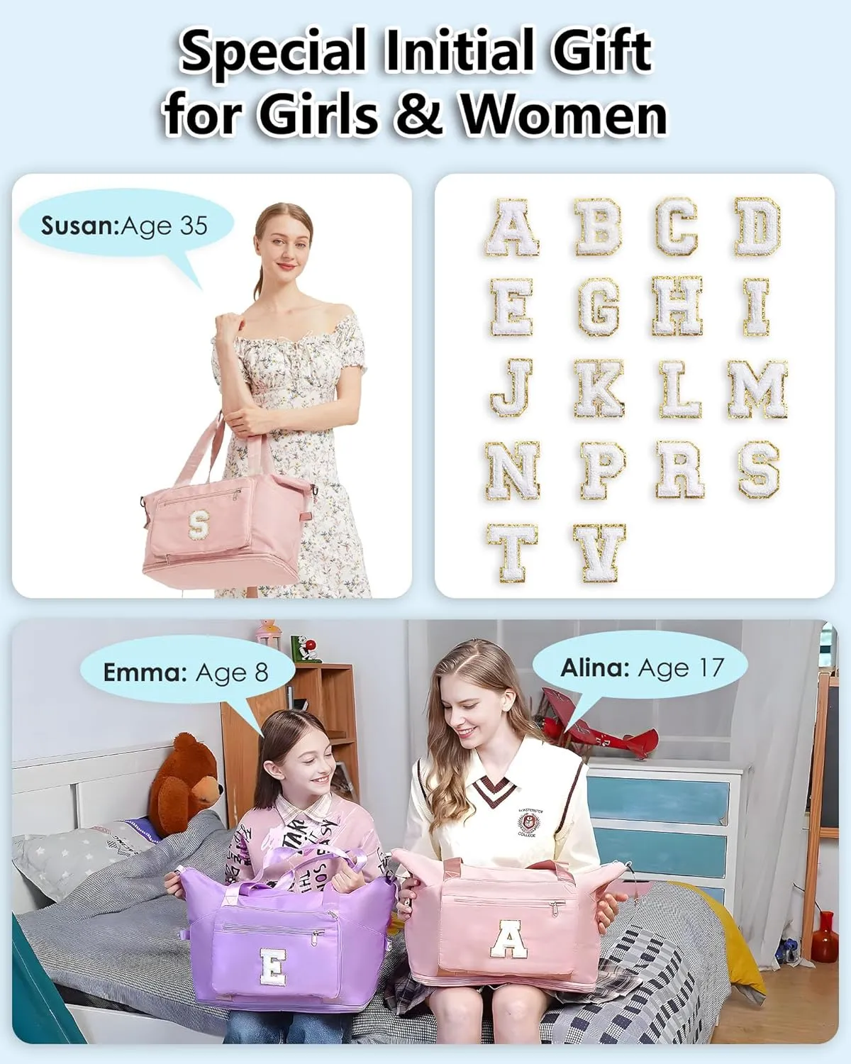 Gifts for Women & Teen Girls,Duffel Bag for Travel with Shoe Compartment, Cute Cool Personalzied Monogrammed Initial Weekend Sleepover Overnight GYM Large Duffel Bag for Kids Teenage-Pink E