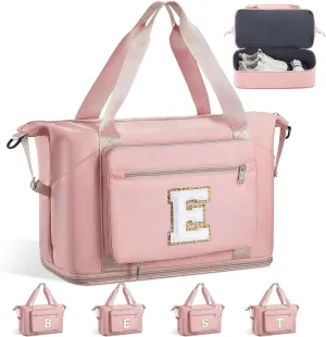 Gifts for Women & Teen Girls,Duffel Bag for Travel with Shoe Compartment, Cute Cool Personalzied Monogrammed Initial Weekend Sleepover Overnight GYM Large Duffel Bag for Kids Teenage-Pink E