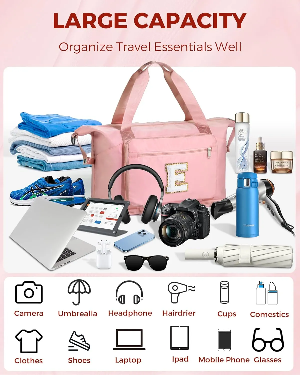 Gifts for Women & Teen Girls,Duffel Bag for Travel with Shoe Compartment, Cute Cool Personalzied Monogrammed Initial Weekend Sleepover Overnight GYM Large Duffel Bag for Kids Teenage-Pink E