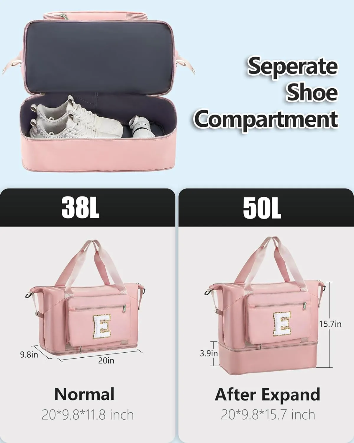 Gifts for Women & Teen Girls,Duffel Bag for Travel with Shoe Compartment, Cute Cool Personalzied Monogrammed Initial Weekend Sleepover Overnight GYM Large Duffel Bag for Kids Teenage-Pink E