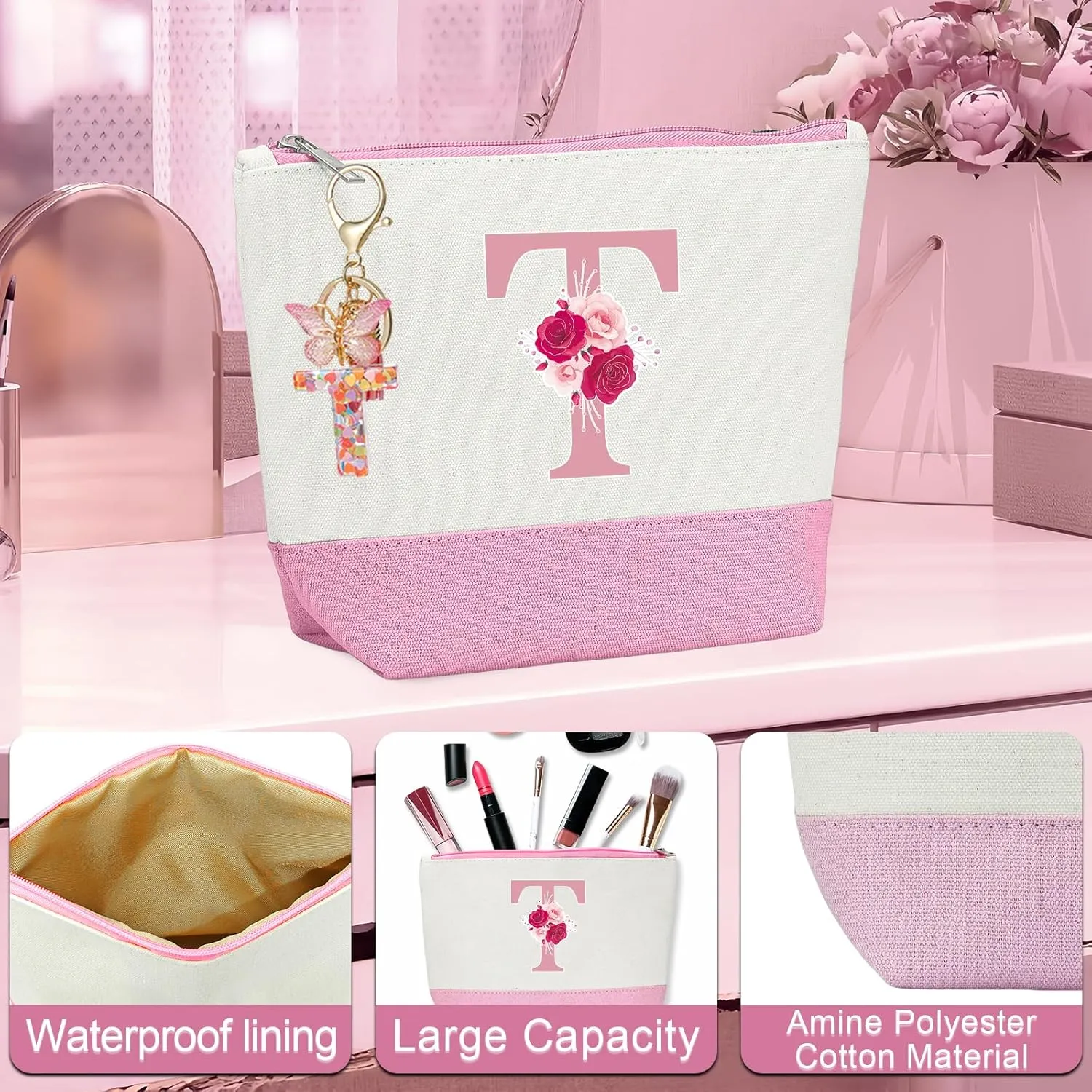 Gifts for Women,Initial Canvas Tote Bag,Personalized Gift for Woman,Monogrammed Gifts for Women,Beach Bag,Initial Makeup Bag,Birthday Gift for Mom,Thank You presentfor Niece-T