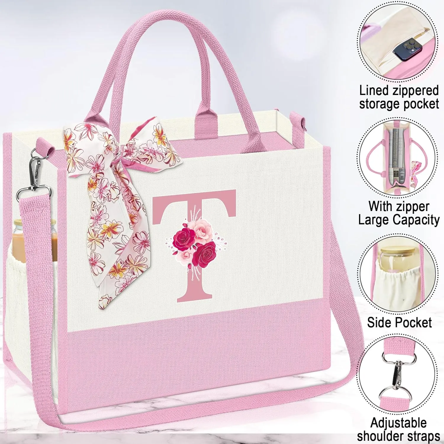 Gifts for Women,Initial Canvas Tote Bag,Personalized Gift for Woman,Monogrammed Gifts for Women,Beach Bag,Initial Makeup Bag,Birthday Gift for Mom,Thank You presentfor Niece-T