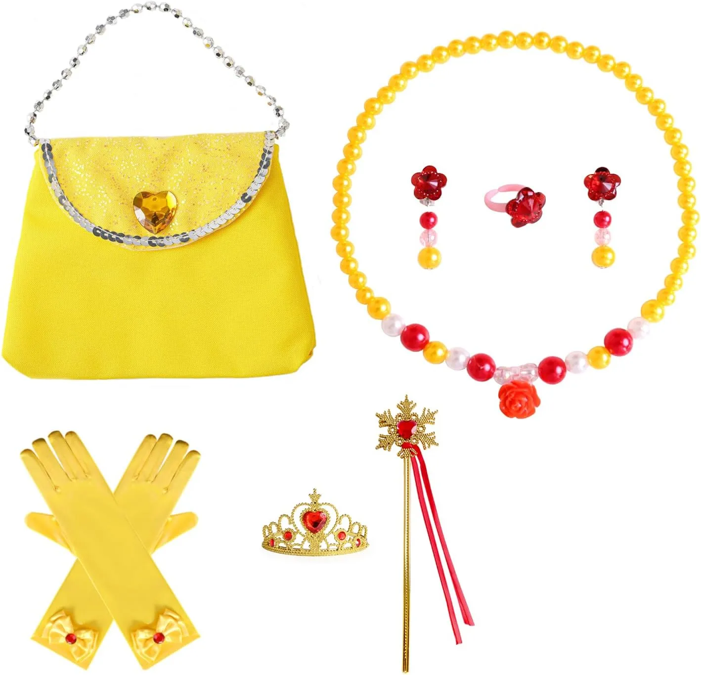 Girls Belle Princess Dress Kids Yellow Party Costume Girls Belle Dress Up with Jewelry Accessories 9-10Years