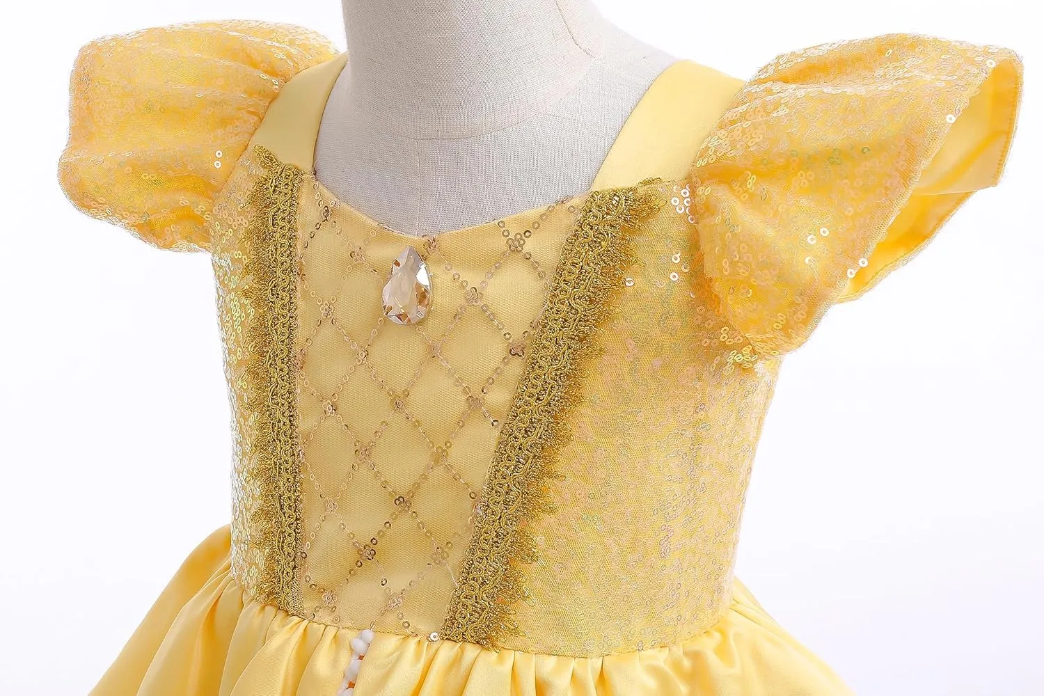 Girls Belle Princess Dress Kids Yellow Party Costume Girls Belle Dress Up with Jewelry Accessories 9-10Years