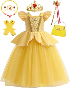 Girls Belle Princess Dress Kids Yellow Party Costume Girls Belle Dress Up with Jewelry Accessories 9-10Years