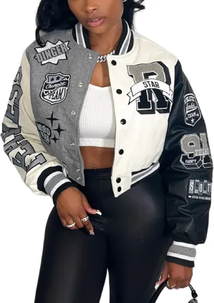 Glitrandi Varsity Jacket Women with Patches Print Cropped Bomber Leather Jacket Women 2025 S-XXL