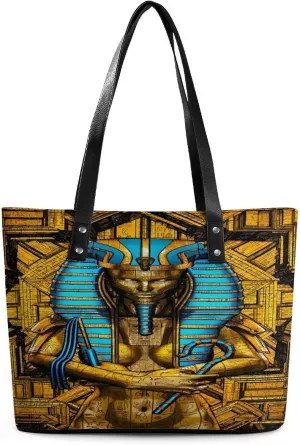 Golden Egyptian Sphinx And Hieroglyphics Pharaoh Women Tote Bags Top Handle Satchel Handbags Faux Leather Tassel Shoulder Purse