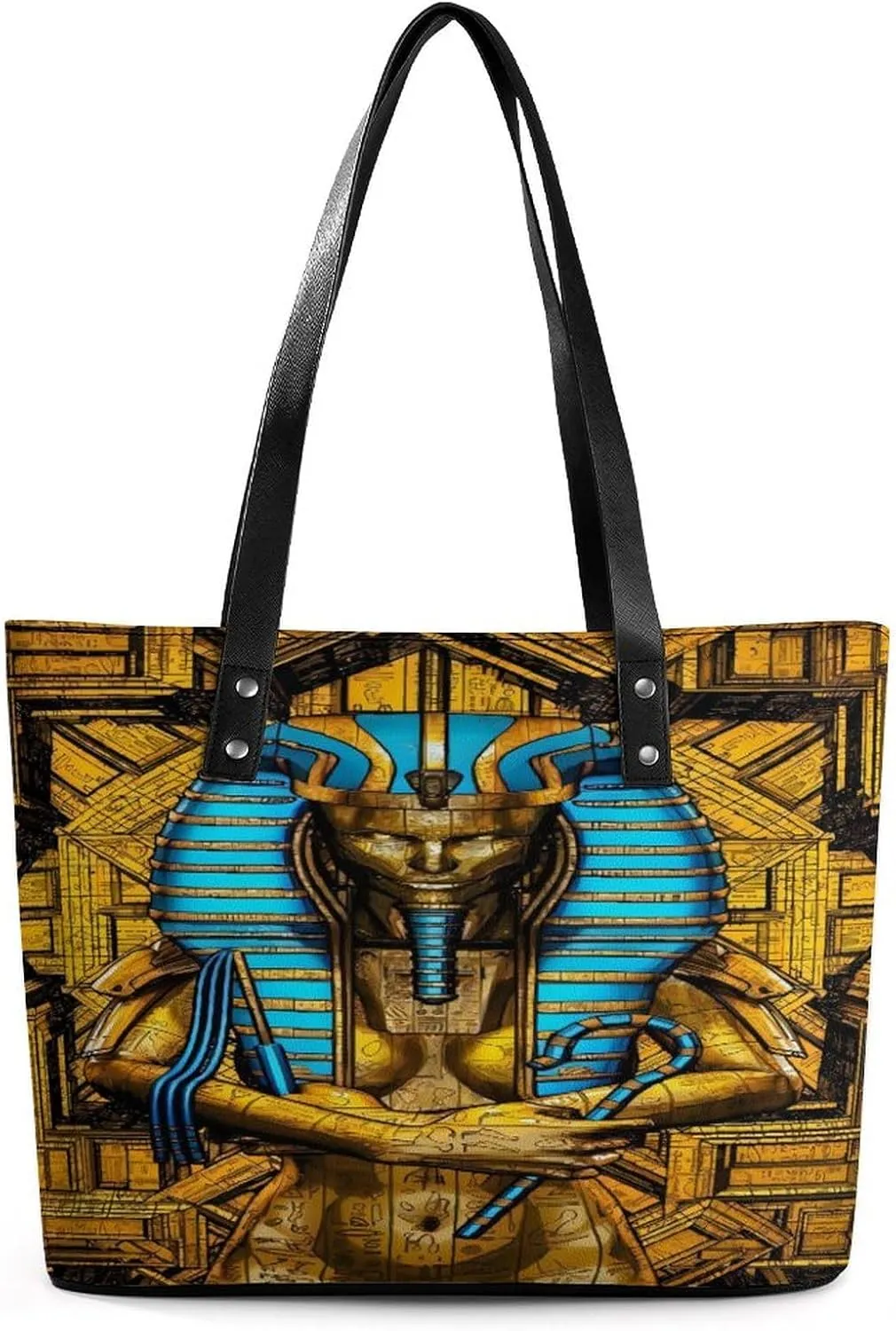 Golden Egyptian Sphinx And Hieroglyphics Pharaoh Women Tote Bags Top Handle Satchel Handbags Faux Leather Tassel Shoulder Purse