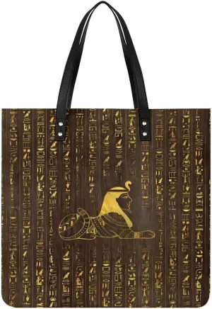 Golden Egyptian Sphinx And Hieroglyphics Women Tote Bags Top Handle Satchel Handbags PU Faux Leather Tassel Shoulder Purse