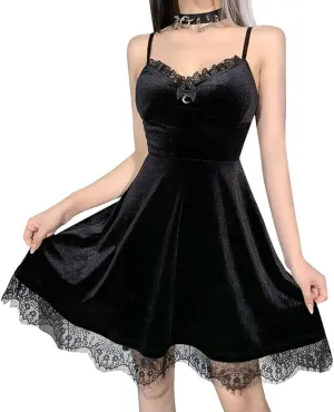 Gothic Black Lace Dress Sleeveless Lace-up Goth Suede Dresses for Women Party Prom
