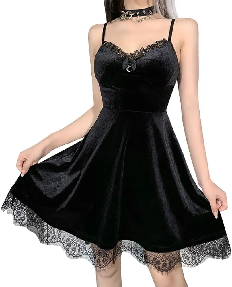 Gothic Black Lace Dress Sleeveless Lace-up Goth Suede Dresses for Women Party Prom