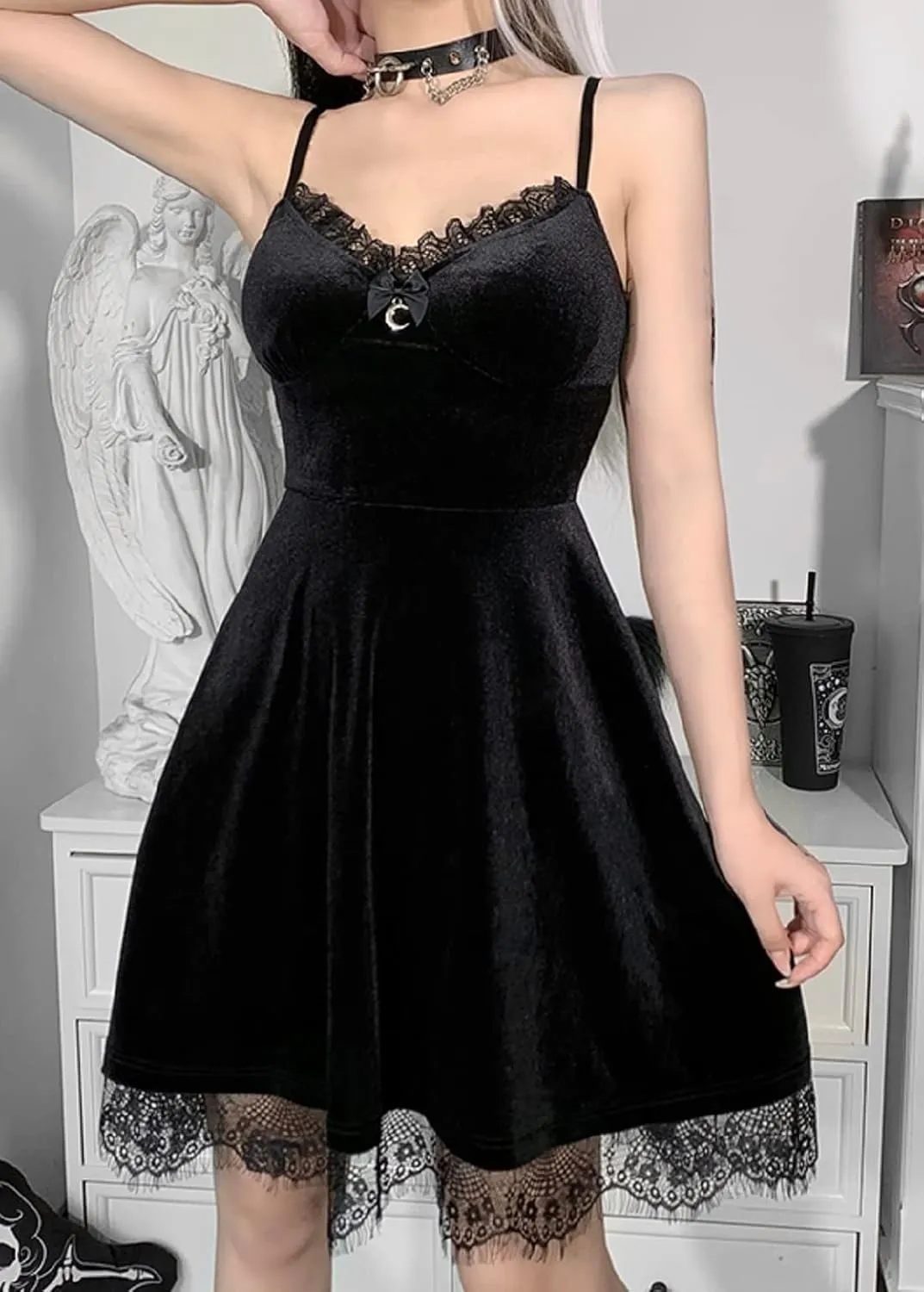 Gothic Black Lace Dress Sleeveless Lace-up Goth Suede Dresses for Women Party Prom