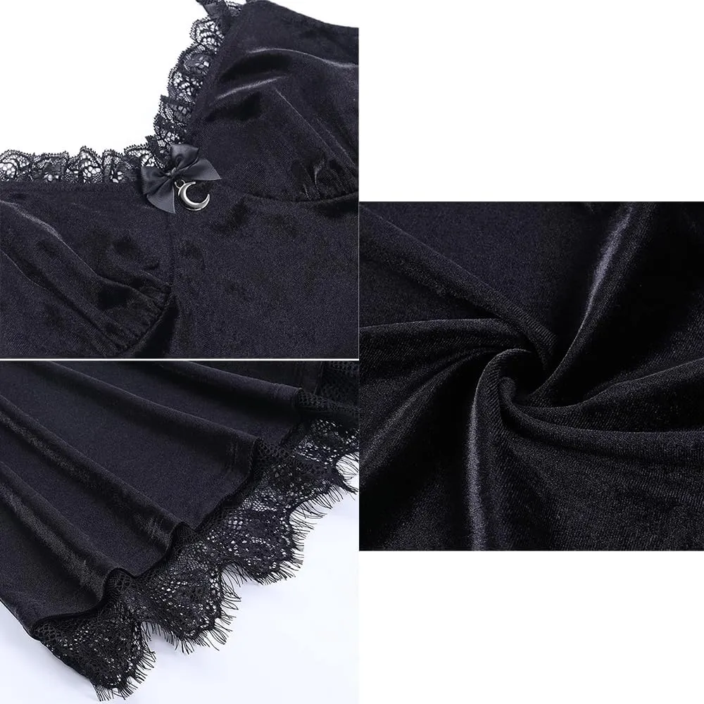 Gothic Black Lace Dress Sleeveless Lace-up Goth Suede Dresses for Women Party Prom