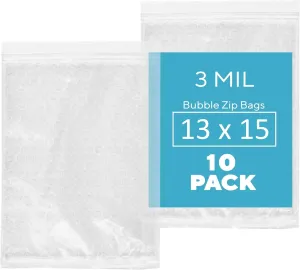 GPI,10 Count, 13"x15" Bubble Recloasable Zip Bags, 3 Mil Thick, Resealable, Reusable, Large, Double Sided Cushion Wrap Bags For Storage Packaging, Mailing & Shipping Fragile Components.
