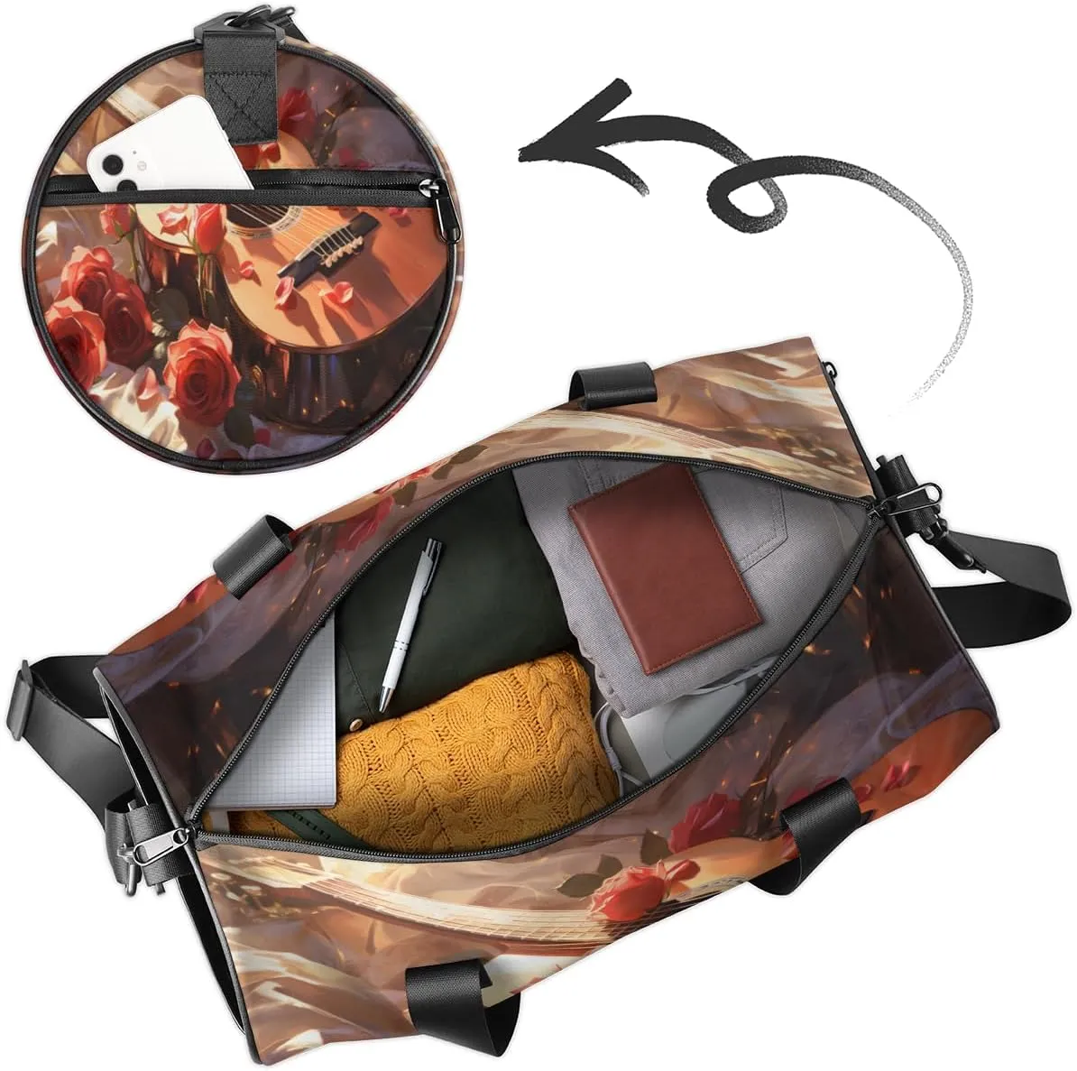 Guitar Note Flower Custom Duffel Bags Weekender Bags Custom Sport Duffel Bag Carry on Overnight Weekender Bag