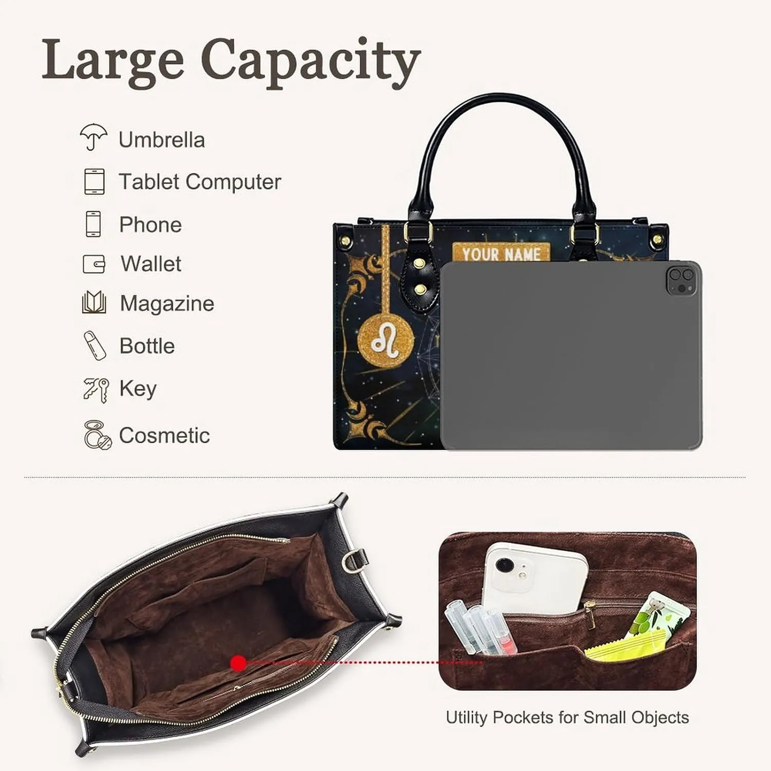 Handbags for Women - Personalized Leather Purse with Name - Tote Bags for Mom Grandma - Zodiac Gifts Ideas for Her