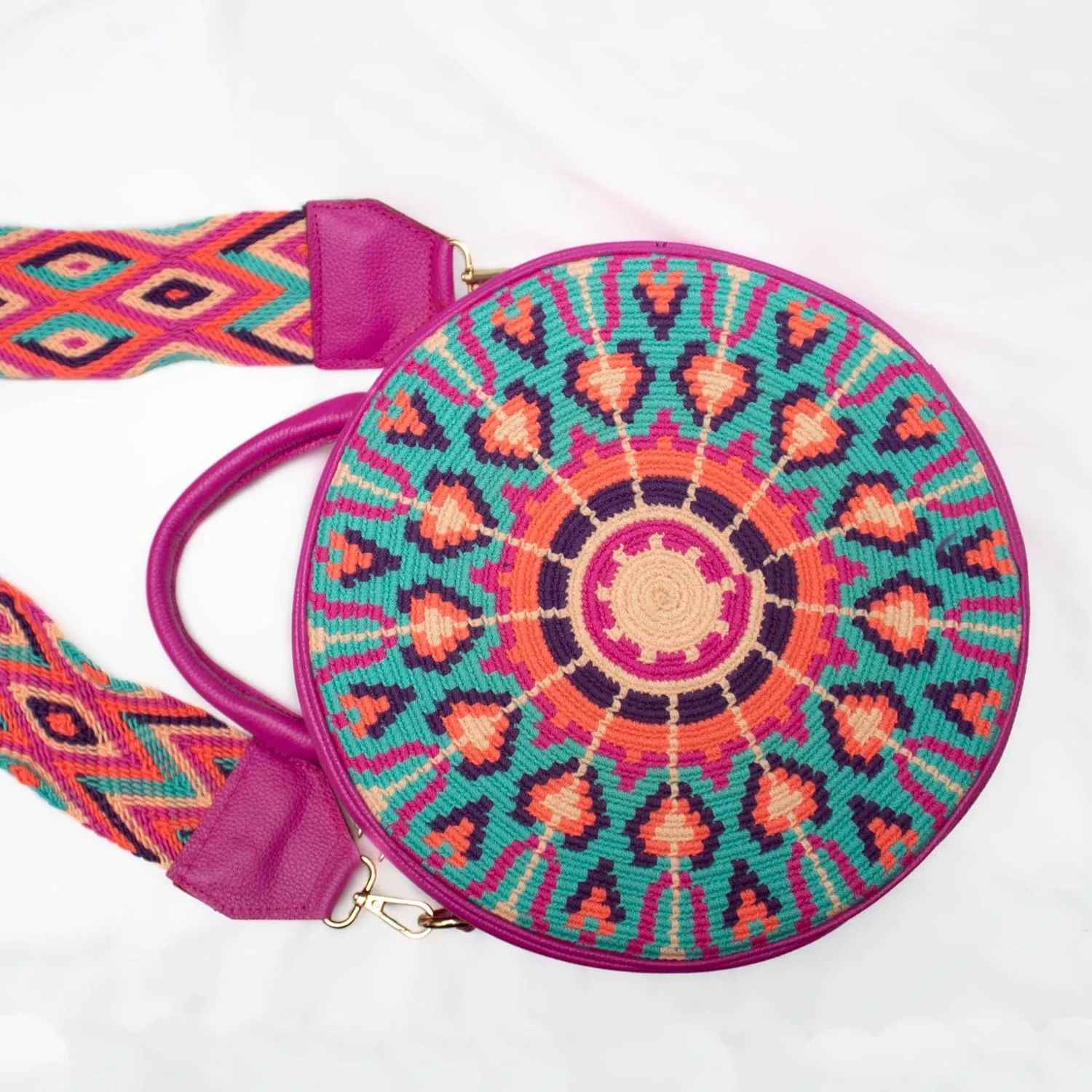 Handcrafted Leather Shoulder Bag for Women - Elegant Leather Bags with Unique Wayuu Weaving - Versatile Genuine Leather Shoulder Bag - Premium Colombian Materials and Design - Fuchsia 1