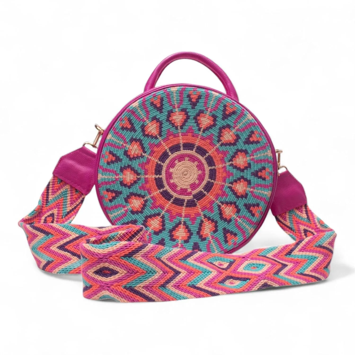 Handcrafted Leather Shoulder Bag for Women - Elegant Leather Bags with Unique Wayuu Weaving - Versatile Genuine Leather Shoulder Bag - Premium Colombian Materials and Design - Fuchsia 1