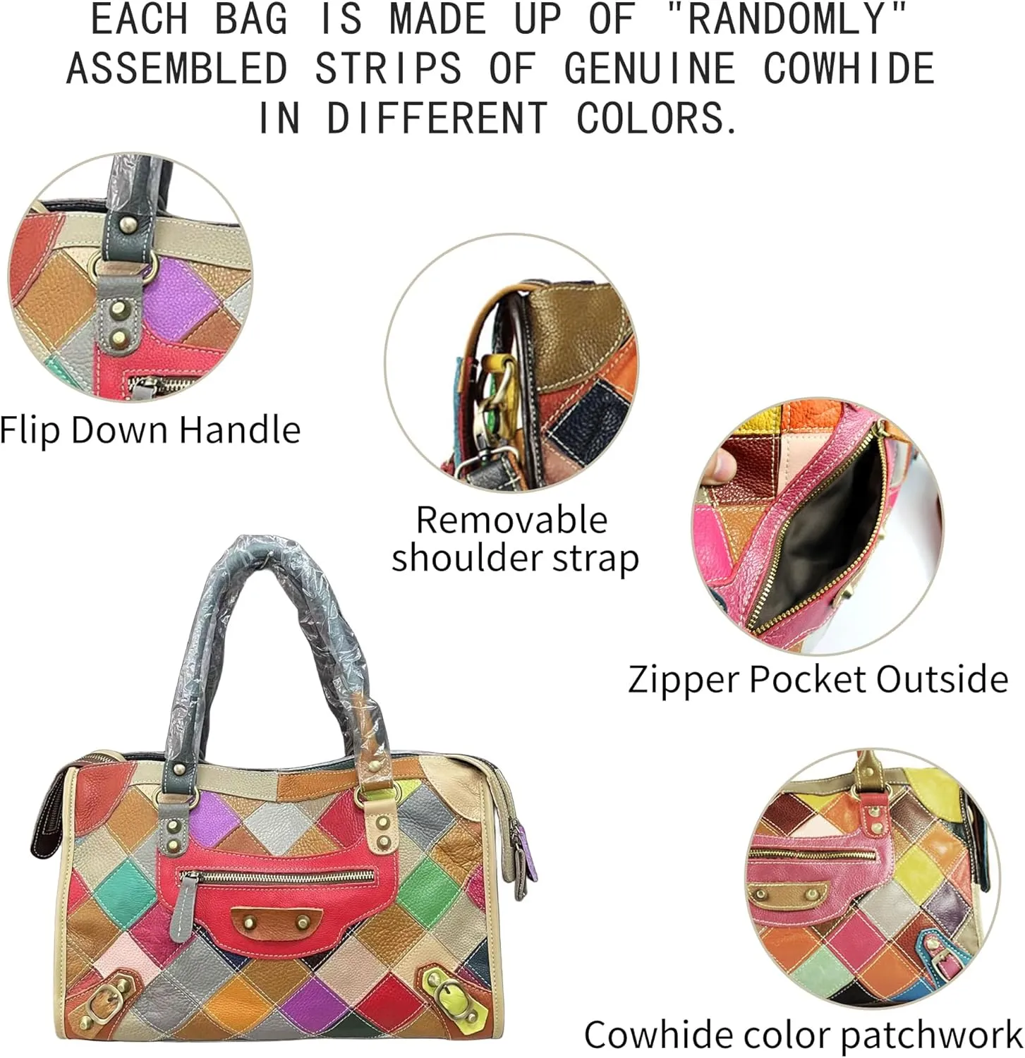 Handmade Cowhide Multi-color Block Random Stitching Unique Style Women's Bag - Crossbody, Shoulder and Handheld