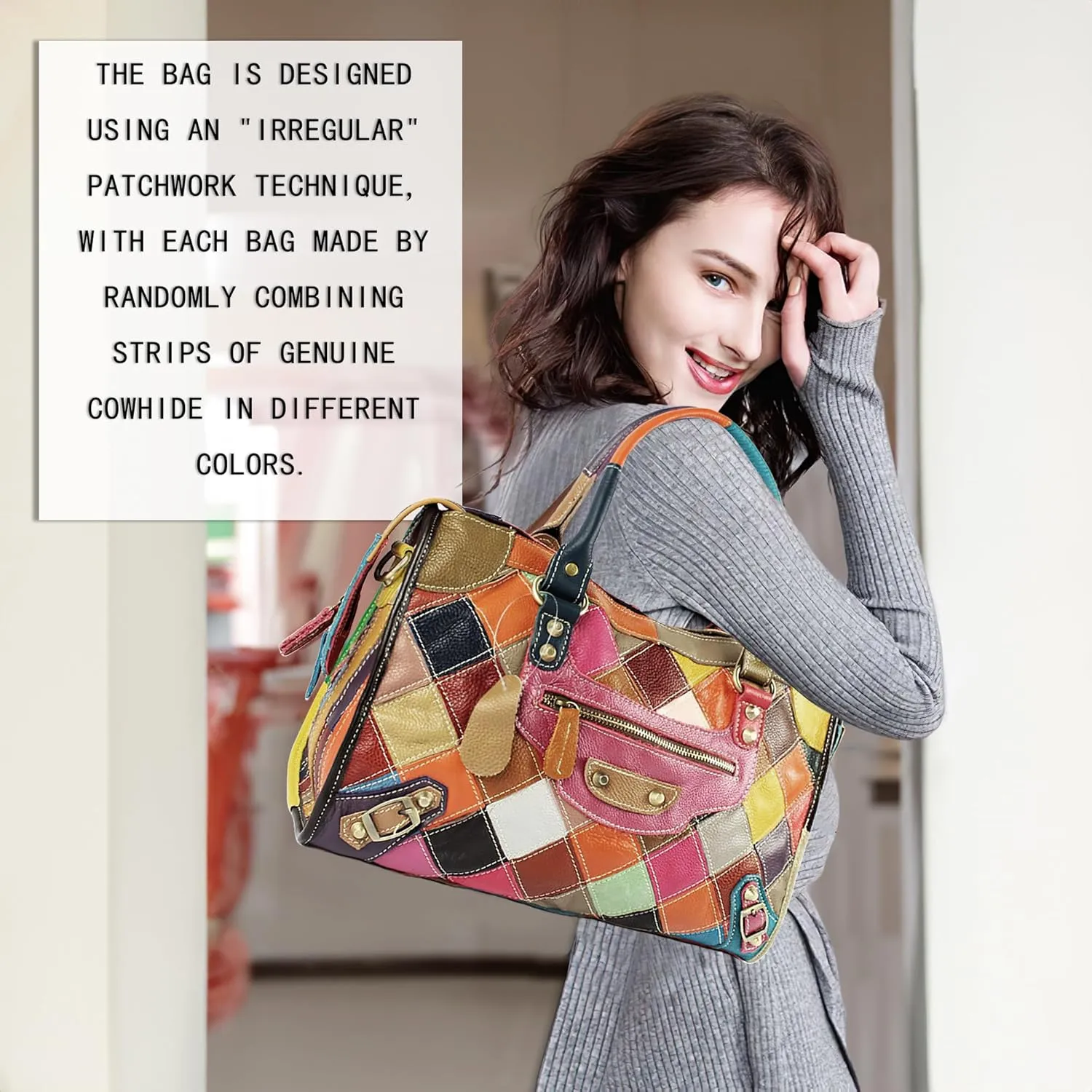 Handmade Cowhide Multi-color Block Random Stitching Unique Style Women's Bag - Crossbody, Shoulder and Handheld