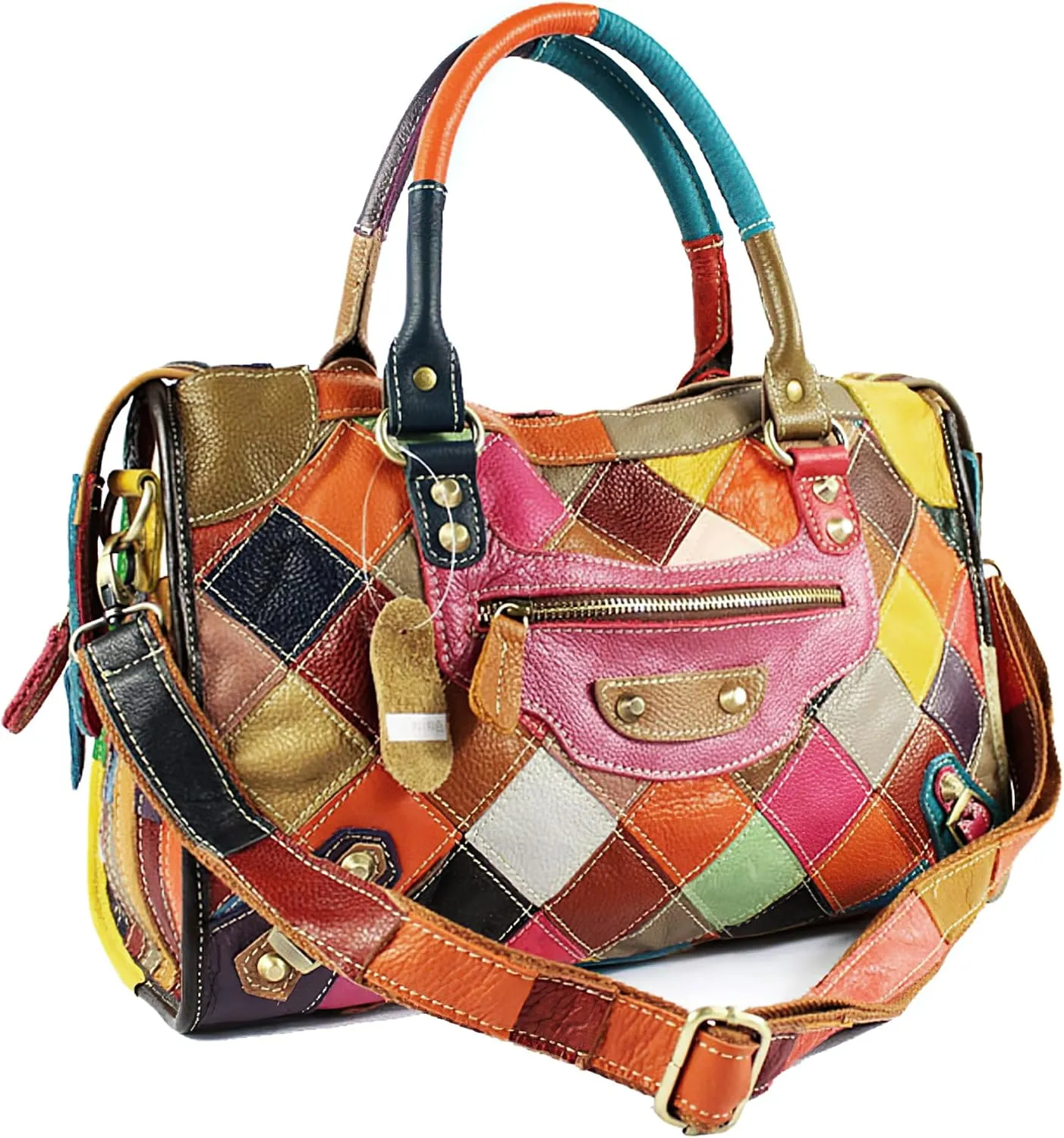 Handmade Cowhide Multi-color Block Random Stitching Unique Style Women's Bag - Crossbody, Shoulder and Handheld