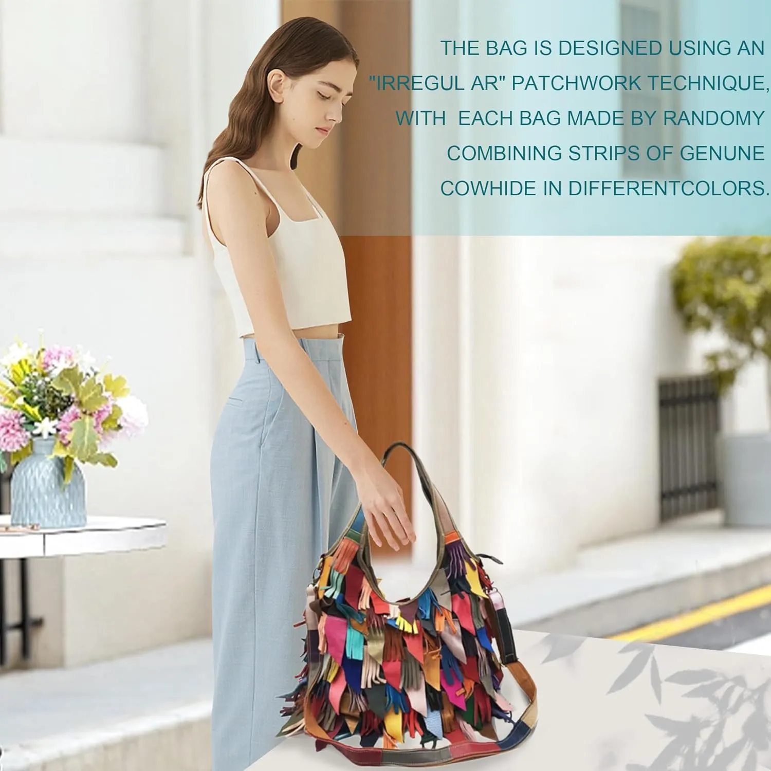 Handmade Cowhide Multi-color Block Random Stitching Unique Style Women's Bag - Crossbody, Shoulder and Handheld