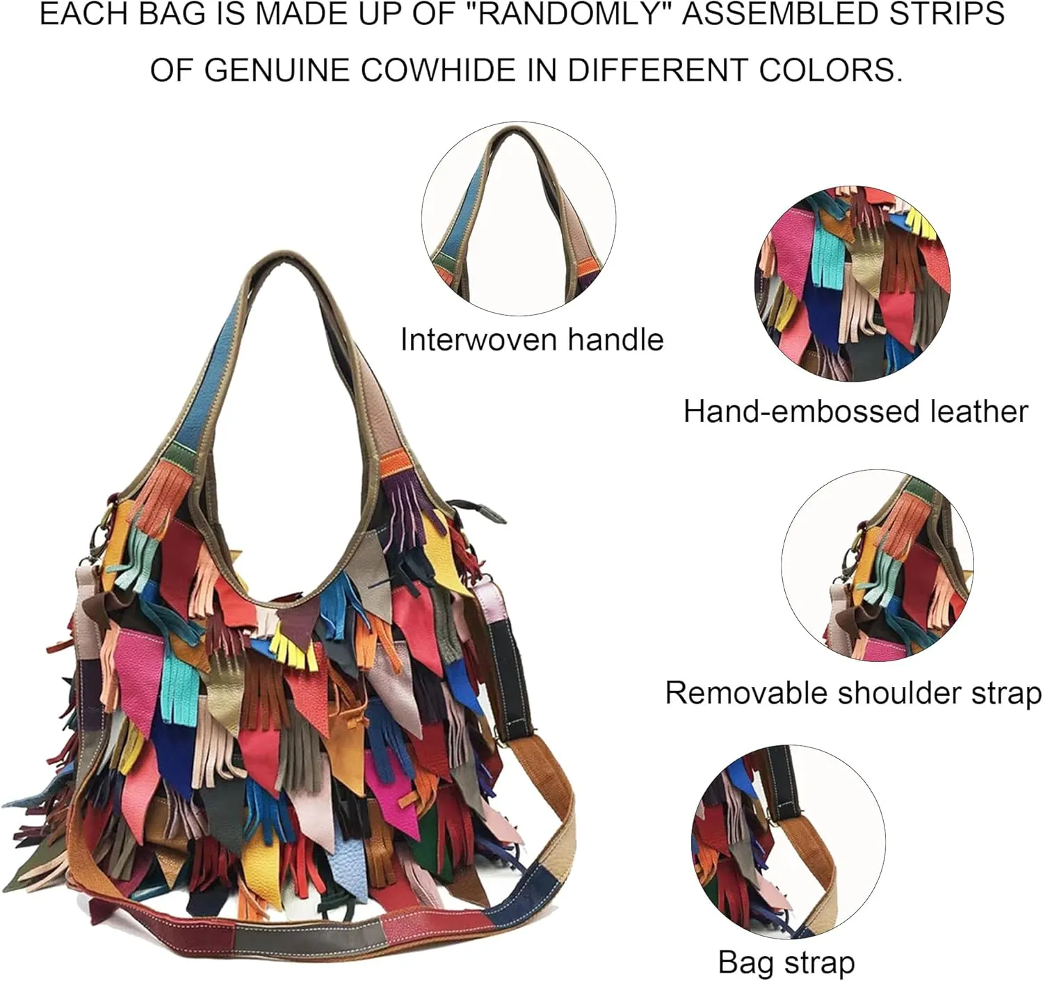 Handmade Cowhide Multi-color Block Random Stitching Unique Style Women's Bag - Crossbody, Shoulder and Handheld