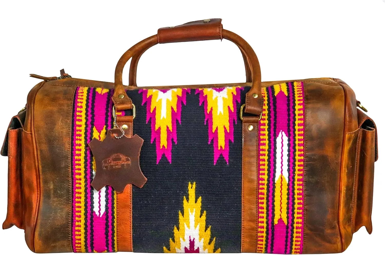 Handmade Duffle Bag leather heavy duty Gym Sports Airplane Overnight Luggage Carry On Unisex Travel Hand Rug Wollen Gift for His/Her (Excluding Shoe Compartment, Rug Duffle Bag ESC_04)