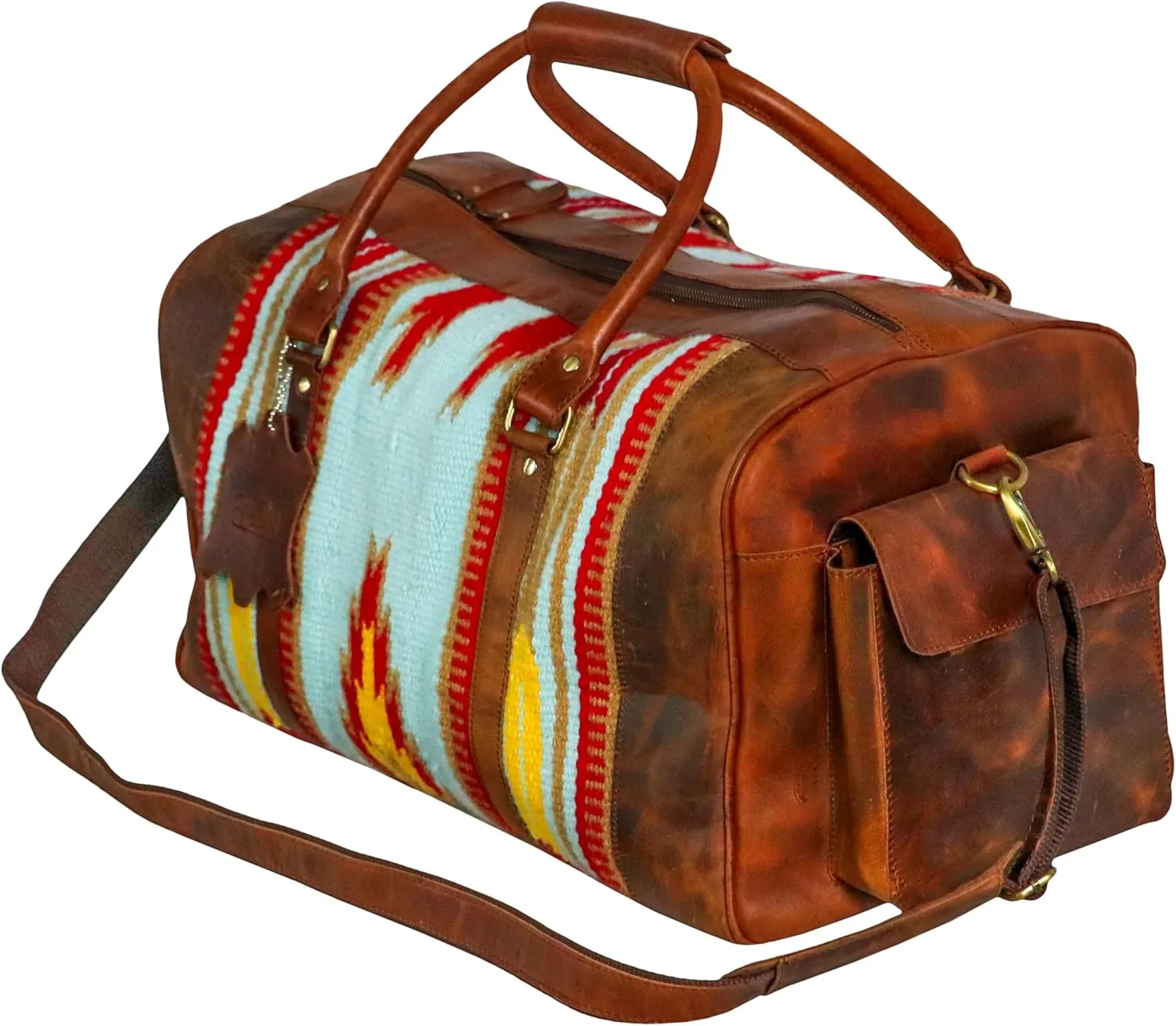 Handmade Premium Duffle Bag leather heavy duty Gym Sports Airplane Overnight Luggage Carry On Unisex Travel woven Rug Bag Wollen Bag Gift for His/Her (RUG DUFFLE BAG DESIGN_04)