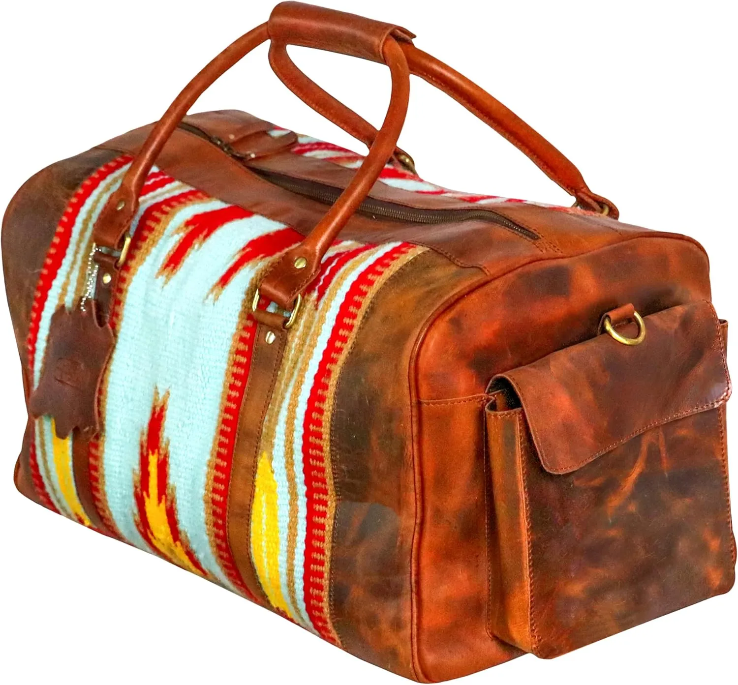 Handmade Premium Duffle Bag leather heavy duty Gym Sports Airplane Overnight Luggage Carry On Unisex Travel woven Rug Bag Wollen Bag Gift for His/Her (RUG DUFFLE BAG DESIGN_04)