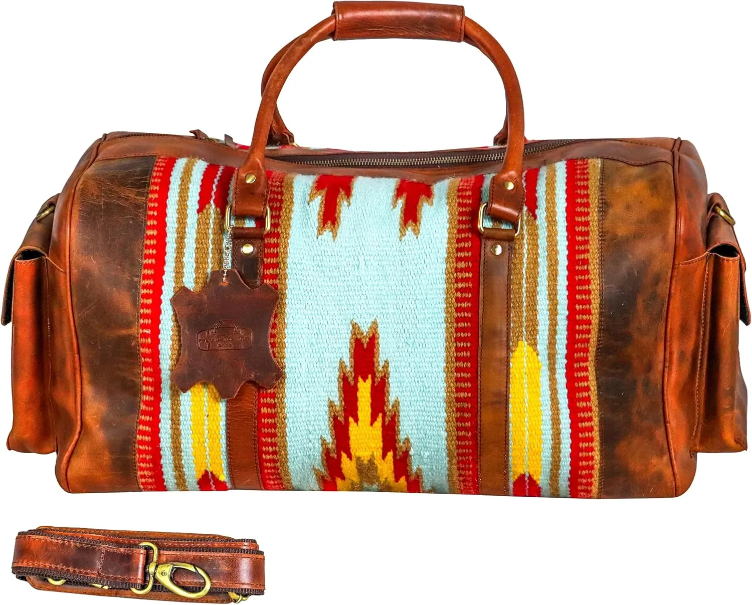Handmade Premium Duffle Bag leather heavy duty Gym Sports Airplane Overnight Luggage Carry On Unisex Travel woven Rug Bag Wollen Bag Gift for His/Her (RUG DUFFLE BAG DESIGN_04)