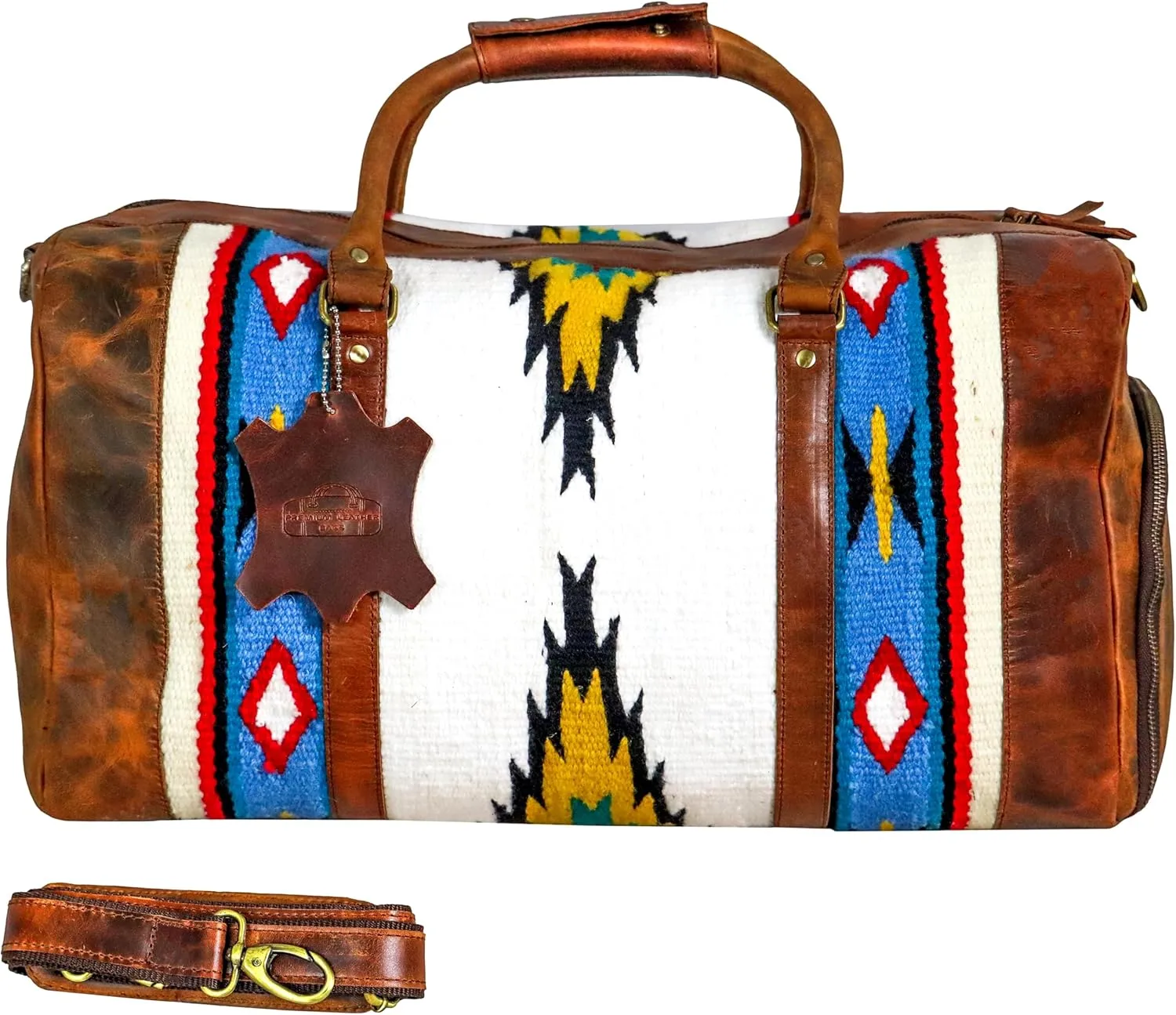 Handmade Premium Duffle Bag leather heavy duty Gym Sports Airplane Overnight Luggage Carry On Unisex Travel woven Rug Bag Wollen Hand Bag Gift for His/Her (RUG DUFFLE BAG STYLE_04)