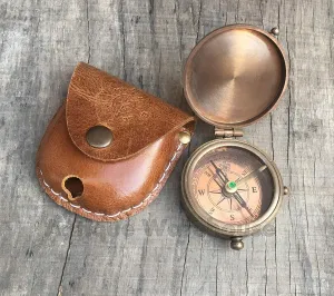 Handmade Solid Brass Compass with Leather Case Nautical Marine Pocket Compass