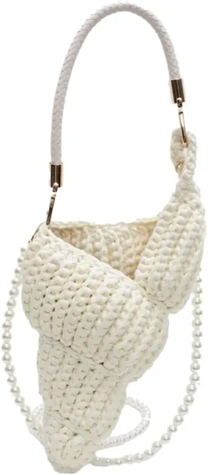 Handwoven Fashion Seashell Bag for Women Crochet Beach Bag Unique Boho Clutch with Pearl Strap Leather Handle 2025
