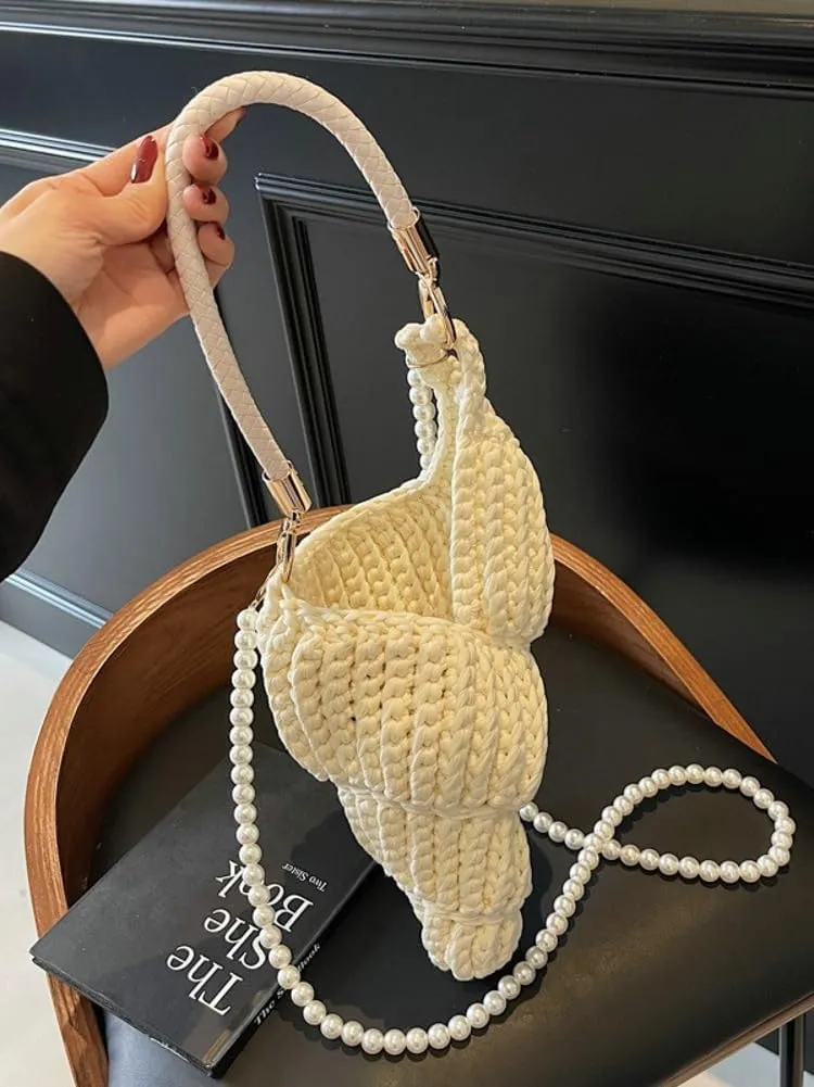 Handwoven Fashion Seashell Bag for Women Crochet Beach Bag Unique Boho Clutch with Pearl Strap Leather Handle 2025