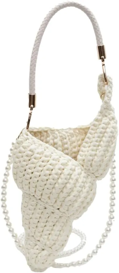 Handwoven Fashion Seashell Bag for Women Crochet Beach Bag Unique Boho Clutch with Pearl Strap Leather Handle 2025