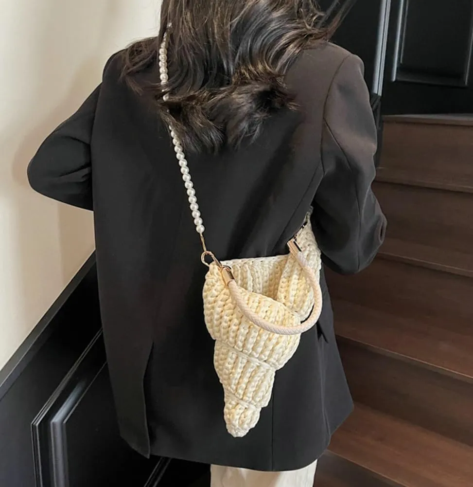 Handwoven Fashion Seashell Bag for Women Crochet Beach Bag Unique Boho Clutch with Pearl Strap Leather Handle 2025